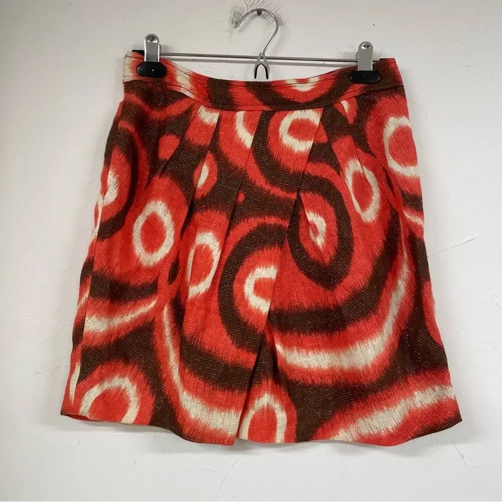 Tory Burch X Bergdorf Goodman Orange & Brown Linen Pleated Mini Skirt Womens 4